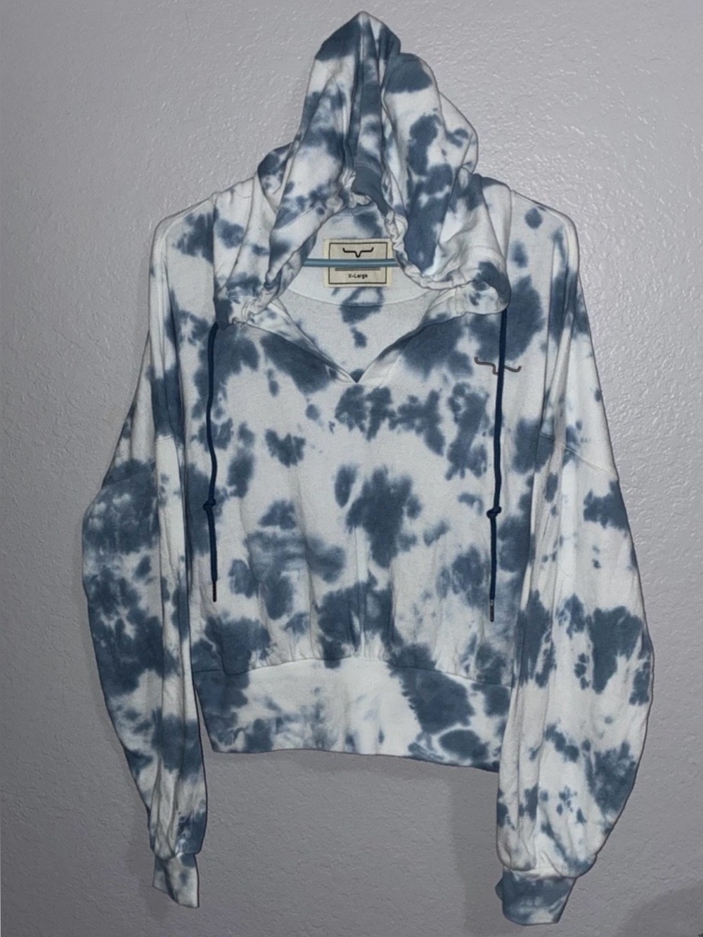 Kimes Ranch Blue White Tie Dye Cropped Drop Shoulder Hooded Sweatshirt Sz XL